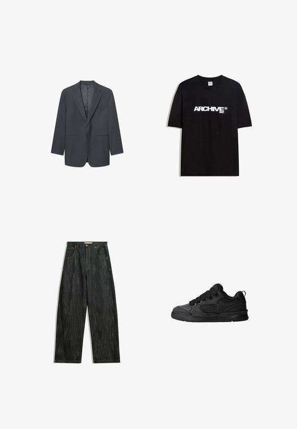 Tumma harmaa miesten bleiseri, jossa on notch-lapelsit, yksittäinen nappisulku, kaksi etutaskua ja sileä sisävuori. Sopii hyvin.; Musta puuvillainen T-paita, jossa on valkoinen "ARCHIVE inc." -logo rinnassa, lyhyet hihat ja pyöreä kaula-auko.; Tummansiniset farkut, joissa on löysä istuvuus, hienovarainen pystykudos, keltainen ommel, viisi taskua ja klassinen nappisulku.; Mustat tennarit, joissa on teksturoitu päällyspinta, nauhat, verkkokohdat hengittävyyttä varten, pehmeä kaulus ja kestävä pohja.