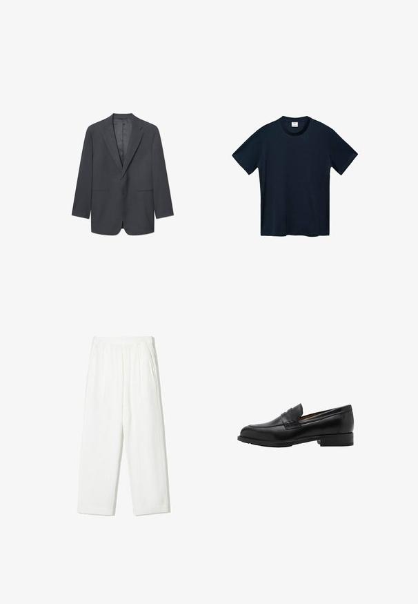 Tmavě šedý pánský blazer s klopami, jednobuttonovým zapínáním, dvěma předními kapsami a hladkým podšívkou. Přizpůsobený střih.; Námořnický modrý tričko s krátkým rukávem vyrobené z měkké bavlny, s kulatým výstřihem a čistým, rovně střiženým lemováním bez viditelných vzorů.; Bílé kalhoty s širokými nohavicemi vyrobené z texturované tkaniny. Mají elastický pas a dvě boční kapsy. Uvolněný, volný střih.; Černé kožené mokasíny s prošitým předním dílem a plochým podpatkem. Hladký povrch s kulatou špičkou a dekorativním páskem přes nárt.