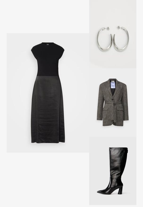 BLANCHE MILES - Bleiser - hot fudge; Must mustriga kleit, millel on sobiv bodi ja voolav silmadega seelik. Kapa varrukad, ümmargune kaelus, sile tekstuur ja pahkluu pikkusega disain.; Knee-high musta nahksaabas terava nina, siledat pinnad ja paks konts. Tagaküljel on tõmblukk.; Hõbe rõngas kõrvarõngad, millel on sujuv ja kõver kuju. Omab läikivat metallist viimistlust ja nupuga sulgemist. Pole nähtavaid mustreid ega aksessuaare.