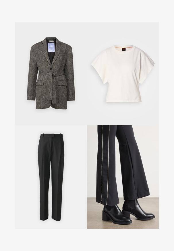 BLANCHE MILES - Blazer - hot fudge; T-shirt branco cropped, mangas curtas e largas, material de algodão suave, decote redondo com um discreto acabamento laranja, design minimalista, sem padrões ou gráficos.; Calças pretas de corte ajustado, feitas de um tecido leve, com corte reto, frente lisa e passantes para cinto. Textura suave sem padrões visíveis.; Botas de tornozelo em couro preto com um salto bloco, apresentando painéis laterais elásticos. Combinadas com calças pretas que têm uma faixa lateral branca.