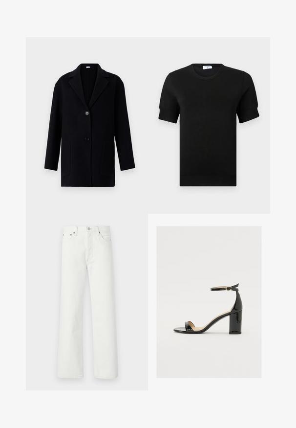 Cappotto nero con colletto a punte, due tasche frontali, chiusura con un solo bottone e tessuto testurizzato. Taglio dritto e design di lunghezza media.; Top nero a maniche corte in maglia con scollo rotondo. Presenta una sottile lavorazione a coste sulle maniche e sull'orlo, realizzato in un tessuto liscio.; Jeans in denim bianco con taglio a gamba dritta, design a cinque tasche e accessori in metallo sulla cintura e sulle tasche.; Sandalo in vernice nera con tacco largo, punta aperta e cinturino alla caviglia con fibbia dorata. Texture liscia e design elegante.