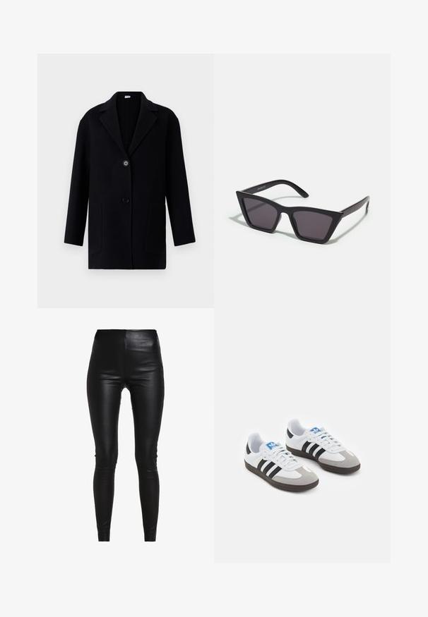 Zwarte jas met een gekarteld kraag, twee voorzakken, sluiting met één knoop en een textuurstof. Rechte snit en middellange ontwerp.; Grijze gebreide trui met een ronde hals, lange mouwen en een zachte textuur. Geen opvallende patronen of hardwaredetails zichtbaar.; Zwarte nepleer leggings met een hoge taille, een figuurvolgend ontwerp, een gladde textuur en geen zichtbare naden of versieringen.; Sportschoenen met een witte leren bovenkant, grijze suède neus en drie zwarte strepen. Bevat een blauw logo op de tong en een gestructureerde rubberen zool.; Zwarte, hoekige zonnebril met grijze lenzen; gemaakt van plastic, met dikke armen met een gladde oppervlakte en zonder zichtbare hardware.
