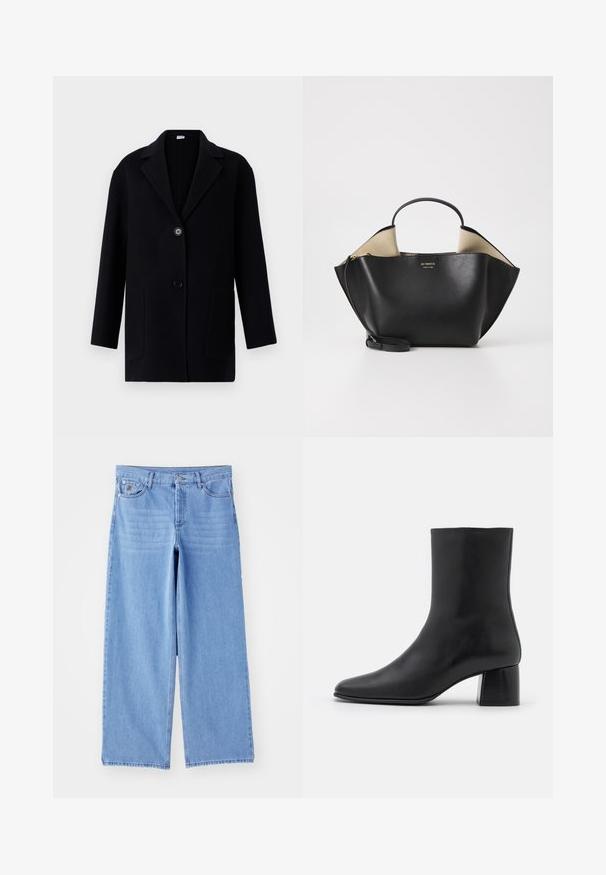 Czarny płaszcz z klapami, dwoma przednimi kieszeniami, zapięciem na pojedynczy guzik i teksturowanym materiałem. Prosty krój i średnia długość.; Czarny, długi rękaw top wykonany z miękkiego materiału, z okrągłym dekoltem i luźnym krojem z bocznymi rozcięciami u dołu, zapewniającymi swobodę ruchów.; Jasnoniebieskie dżinsy o szerokich nogawkach, wykonane z denimu, z klasycznym pięciopocketowym wzorem i zapięciem na guzik. Gładka tekstura, postrzępiony dół.; Czarne skórzane botki za kostkę z ostrym noskiem i masywnym kwadratowym obcasem. Gładka faktura z bezszwowym designem i minimalnym przeszyciem.; Ree Projects - Torebka