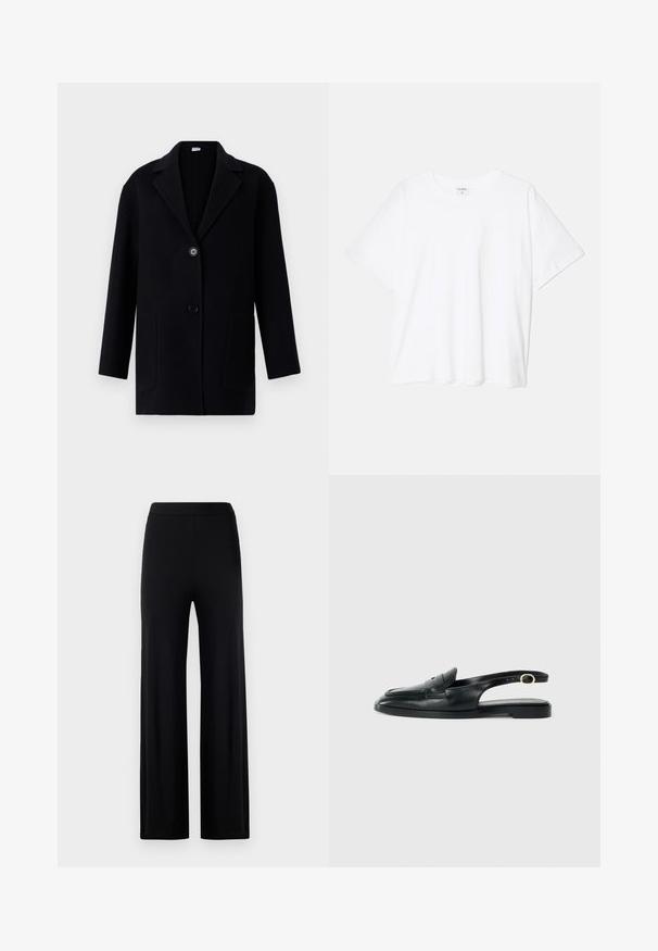 Black coat with a notched collar, two front pockets, single button closure, and a textured fabric. Straight cut and mid-length design.; White cotton t-shirt with short sleeves, round neckline, relaxed fit, and stitched hem. Label visible on the inside neck.; Black wide-leg pants made from a smooth, stretchy fabric. Features an elastic waistband and no visible closures or pockets.; Black leather slingback shoe with a rounded toe, flat sole, side cutout, and strap featuring a gold-tone hardware detail.