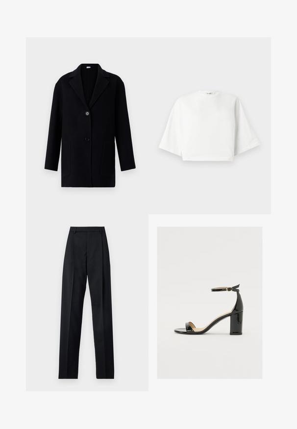 Cappotto nero con colletto a punte, due tasche frontali, chiusura con un solo bottone e tessuto testurizzato. Taglio dritto e design di lunghezza media.; T-shirt bianco cropped con vestibilità rilassata, maniche corte e larghe, scollatura rotonda e spacchi laterali, realizzato in morbido cotone.; Pantaloni neri realizzati in tessuto morbido, caratterizzati da vita alta, gambe larghe, pince frontali e classiche passanti per cintura. Non ci sono tasche laterali visibili.; Sandalo in vernice nera con tacco largo, punta aperta e cinturino alla caviglia con fibbia dorata. Texture liscia e design elegante.