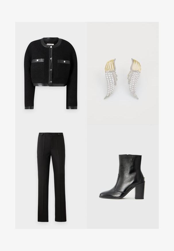 Juodas trumpas švarkas su tekstūruotu audiniu, odinėmis detalėmis ir dviem priekinėmis kišenėmis. Su mygtukų užsegimu ir apvalia iškirpte.; Trumpas baltas marškinėliai iš minkštos medžiagos, su trumpomis rankovėmis, apvaliu iškirpimu ir raukšlėtais hemų detalėmis. Paprastas ir be puošmenų dizainas.; Juodos pritaikytos kelnės su tiesiomis kojomis, dviem priekinėmis kišenėmis, mygtuko uždarymu ir raukšlėmis priekyje. Glotnaus audinio tekstūra.; Juodas odinis kulkšninis batas su lygiu paviršiumi, smailiu pirštu ir masyviu aukštu kulnu. Savybė - šoninis atidarymas ir minimalistiškas dizainas.; Du vienodą formą auskarai, pagaminti iš sidabro spalvos metalo su skaidriais, apvalaus pjūvio cirkoniais ir auksinės spalvos metaliniais akcentais sluoksniuotame dizaino sprendime.