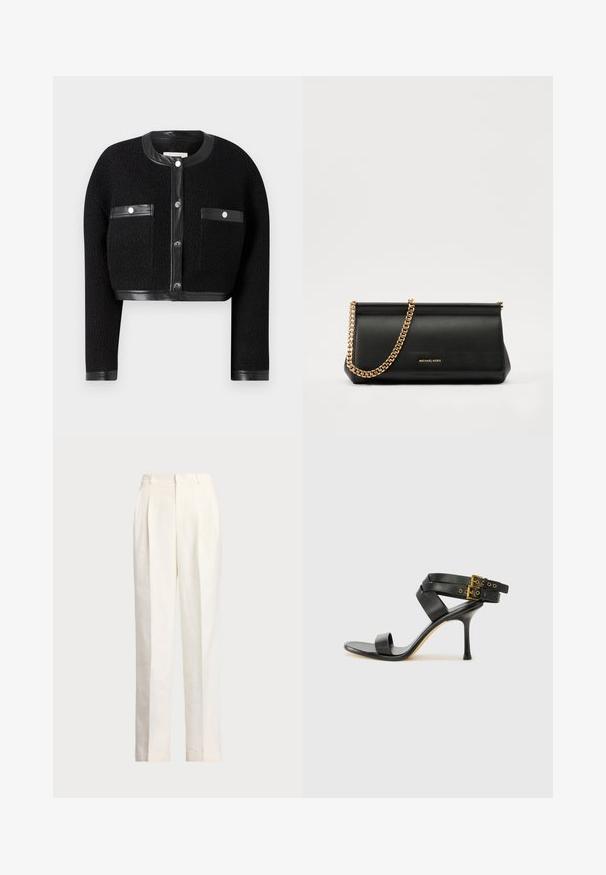 Mustade lühikeste varrukatega jakk tekstuurse kangaga, nahast detailidega ja kahe esikäepidemega. Omab nööpidega sulgemist ja ümmargust kaelust.; Valge ilma varrukateta kootud sviiter, mis on valmistatud siledast puuvillast, ribitud äärtega ja väikese tumesinise logoga alumises vasakus nurgas. Lihtne disain, ilma mustriteta.; Polo Ralph Lauren HEMP WIDE LEG PANT - Püksid - nevis; Mustad mustand koos ristatud rihmade ja reguleeritava pandlaga. Omab siledat tekstuuri ja kitsenevat stiletto kontsa.; Mustast nahast klamberkott kuldse kettrihmaga, millel on sile tekstuur, ristkülikuline kuju ja esiküljel reljeefne brändingu märk.