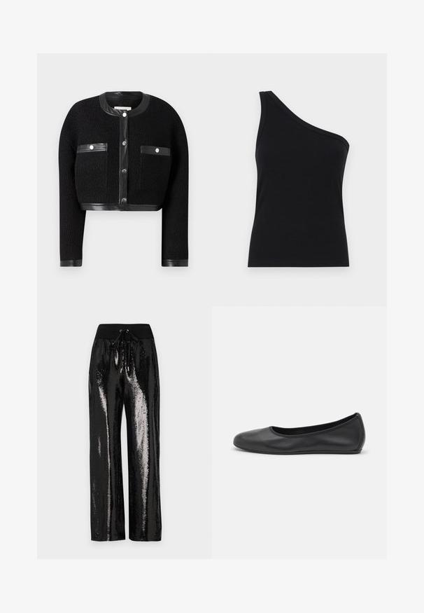 Mustade lühikeste varrukatega jakk tekstuurse kangaga, nahast detailidega ja kahe esikäepidemega. Omab nööpidega sulgemist ja ümmargust kaelust.; Ühe õla must ribakanga tank top, millel on vormikujundus ja pehme tekstuur. Omab puhtat, minimalistlikku lõiget ja sujuvat kaelust.; Mustad sequinsipüksid laia säärte lõikega ja elastse vöökoha, millel on pael. Kanga pind on peegeldav ja läikiv.; Musthave mustika tantsutossud mustast nahast, ümmarguse varbaga, siledast tekstuurist, minimaalse õmblusdetailiga ja paindliku tallakujundusega.