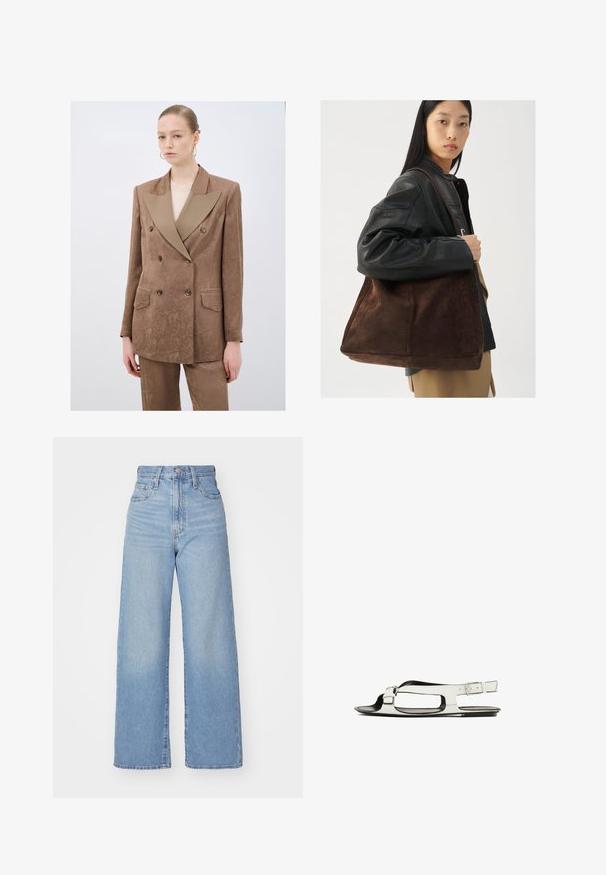 Blazer marrone doppiopetto con revers beige a contrasto, tessuto texturizzato e due tasche frontali, abbinato a pantaloni coordinate.; T-shirt bianca in cotone con scollo a V, maniche corte e orlo dritto. Texture morbida, design minimale, senza motivi né dettagli.; Jeans a vita alta blu chiaro con gamba larga, chiusura frontale con bottone e zip, tasche anteriori e posteriori, su uno sfondo bianco.; Sandal in cuoio bianco con suola piatta, design con punta aperta e cinturino con fibbia laterale. Presenta dettagli a taglio lungo i lati.; Borsa tote in suede marrone con forma ampia e texture morbida, caratterizzata da una strap singola e hardware minimale su uno sfondo neutro.