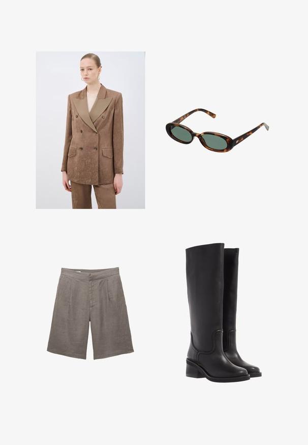 Brun dobbeltbrystet blazer med en kontrasterende beige klapkrave, tekstureret stof og to frontlommer, parret med matchende bukser.; Brun T-shirt med lange ærmer, lavet af blødt, strækbart materiale, med rund halsudskæring og en afslappet pasform, der har en glat tekstur og minimal detaljer.; Grå linnedshorts med en afslappet pasform, der har en flad front, to for-pleater og sidelommer. Glat tekstur uden synlige mønstre.; Sorte læder knæ-høje støvler med en glat tekstur, rund tå og en chunky hæl. Har diskret syninger og et strømlinet design.; Skildpaddemønstrede solbriller med ovale stel og grønne linser. Har tynde arme med en metallisk detalje nær hængslerne.; Tan ruskindtaske med to lange håndtag, rektangulær form og dekorativ syning. Den har en sideløsning og subtile guldfarvede hardware-detaljer.