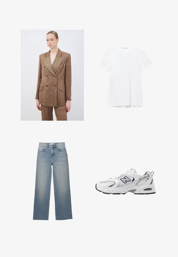 Blazer marrone doppiopetto con revers beige a contrasto, tessuto texturizzato e due tasche frontali, abbinato a pantaloni coordinate.; T-shirt bianco a maniche corte realizzato in tessuto liscio, caratterizzato da un colletto rotondo e dettagli di cucitura discreti all'orlo.; Jeans a gamba larga di un azzurro chiaro, realizzati in denim, con vita alta, tasche frontali e chiusura con bottone. Texture liscia con zone sbiadite.; Scarpa sportiva bianca con tomaia in mesh, dettagli in blu marino e suola imbottita. Presenta il logo "N", lacci e dettaglio texturizzato sul lato.