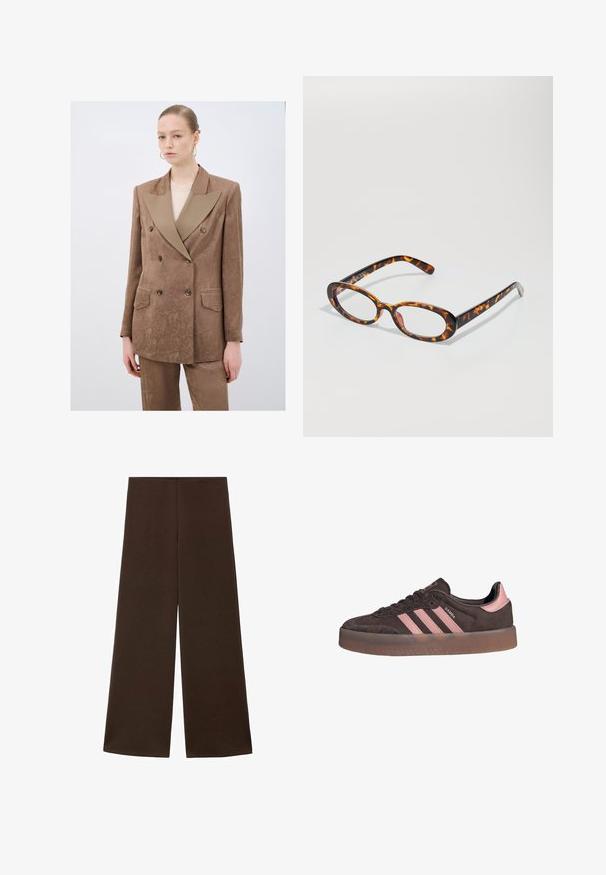 Brauner, doppelt geknöpfter Blazer mit einem kontrastierenden beigen Revers, strukturiertem Stoff und zwei vorderen Taschen, kombiniert mit passenden Hosen.; Weißes Baumwoll-T-Shirt mit kurzen Ärmeln, rundem Ausschnitt und glatter Textur. Die Rückseite ist einfarbig ohne zusätzliche Muster oder Designs.; Weite Hosen aus einem glatten, dunkelbraunen Stoff. Sie haben einen hohen Bund und ein minimalistisches Design ohne Verzierungen.; Braune Wildledersneaker mit pinken drei Streifen und Akzent an der Ferse. Verfügt über eine runde Zehenpartie und eine strukturierte Gummisohle mit transparentem Rand.; Schildpattbrille mit ovalen Gläsern, glänzender Oberfläche, schlanken Bügeln und subtilen Mustern, die an die Streifen eines Tigers erinnern.; DRAGON DIFFUSION MINI FLAT GORA - Handtasche - dark brown