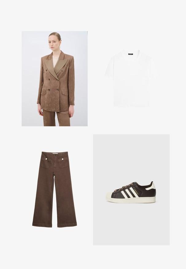 Brun dobbeltbrystet blazer med en kontrasterende beige klapkrave, tekstureret stof og to frontlommer, parret med matchende bukser.; Hvid kortærmet T-shirt i bomuldsstof. Har en rund halsudskæring og en afslappet pasform. Glat tekstur, ingen mønstre eller detaljer.; Brune bredbenede bukser lavet af bomuld, med to forlommer med sølvknapper og en glat tekstur.; Low-top Adidas Superstar-sneaker i mørkebrunt læder med cremefarvet skal-tå, hvide striber og teksten "Superstar" på siden.