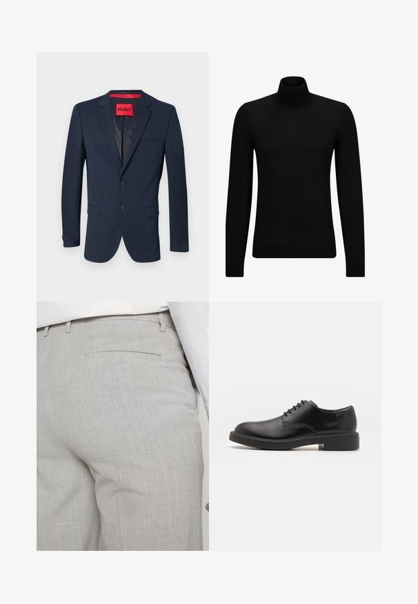 Sacou bleu marin cu două nasturi, rever înclinat și un singur buzunar pe piept. Prezintă o etichetă interioară roșie cu logo-ul "HUGO". Textură netedă.; Pulover negru cu guler înalt, realizat dintr-un material moale, cu mâneci lungi și o croială ajustată. Tiv și mansete cu margine ondulată. Design simplu.; Pantaloni gri deschis croiți, dintr-un material texturat, cu un singur buzunar pe spate și cusături curate.; Pantofii din piele neagră, cu șireturi, au vârful rotunjit, o textură netedă, cusături minime și un toc de cauciuc scăzut. Logo pe toc.