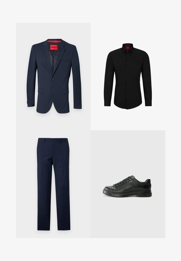 Mornarsko modra blazer jakna z dvema gumboma, zarezanimi lapelami in enim prsnim žepom. Ima rdečo notranjo oznako z logotipom "HUGO". Gladka tekstura.; Črna majica z dolgimi rokavi in sprednjim zapenjanjem, klasični ovratnik in zaokrožen rob; vsebuje črne gumbe in rdeč logotip znotraj ovratnika.; Mornarsko modri hlače s prilegajočim krojem, ki se ponašajo z gladko teksturo, ostrimi pregibi in ravnim sprednjim delom. Skrita zadrga za zapiranje.; Črne usnjene superge z teksturiranim zgornjim delom, podloženim ovratnikom in rdečim logotipom. Imajo debel gumijast podplat z izrazitim vzorcem.