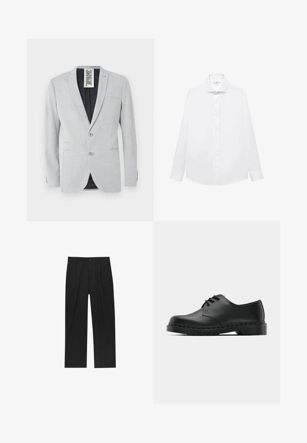 Blazer grigio chiaro con vestibilità su misura, due bottoni, rever a lancia, trama sottile e fodera nera. Presenta tasche anteriori e dettagli con bottoni.; Camicia bianca a maniche lunghe realizzata in cotone morbido, con colletto a punta, chiusura con bottoni frontale e orlo dritto.; Pantaloni neri con un design a gamba dritta, realizzati in un tessuto liscio. Presentano pieghe frontali e una chiusura a un bottone in vita.; Scarpa oxford in pelle nera con design con lacci, punta arrotondata, suola piatta in gomma e dettagli di cucitura discreti lungo la parte superiore.