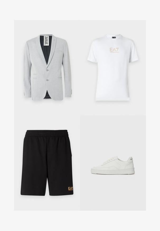 Light grey blazer with a tailored fit, two buttons, notch lapel, subtle texture, and a black lining. Features front pockets and button accents.; White cotton t-shirt featuring a round neckline and short sleeves, with a gold EA7 Emporio Armani logo printed on the front.; Black athletic shorts made of soft fabric,Featuring an elastic waistband and a small yellow EA7 logo on the lower left leg.; White leather sneaker with a smooth finish, round toe, flat laces, and a textured sole. Features a subtle logo on the heel.