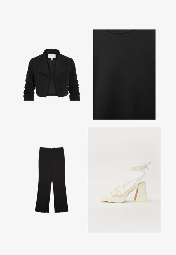 Schwarze, kurze Jacke aus glattem Stoff, mit einem breiten Kragen, rüschenlangen Ärmeln und einem offenen Vorderdesign.; Schwarzer Baumwollstoff mit glatter Textur und Rundhalsausschnitt, der ein dezentes, gleichmäßiges Strukturmuster aufweist. Keine sichtbaren Logos oder Akzente.; Schwarze Hose mit geradem Schnitt, ausgestattet mit Fronttaschen und Seitenschlitzen am Saum. Hergestellt aus weichem, glattem Stoff. Geeignet für verschiedene Anlässe.; Weiße High-Heel-Sandale mit einem klobigen Absatz, die über ein Riemchendesign und ein Knöchelband verfügt. Glatte Textur mit einer Plattform vorne für zusätzliche Höhe.