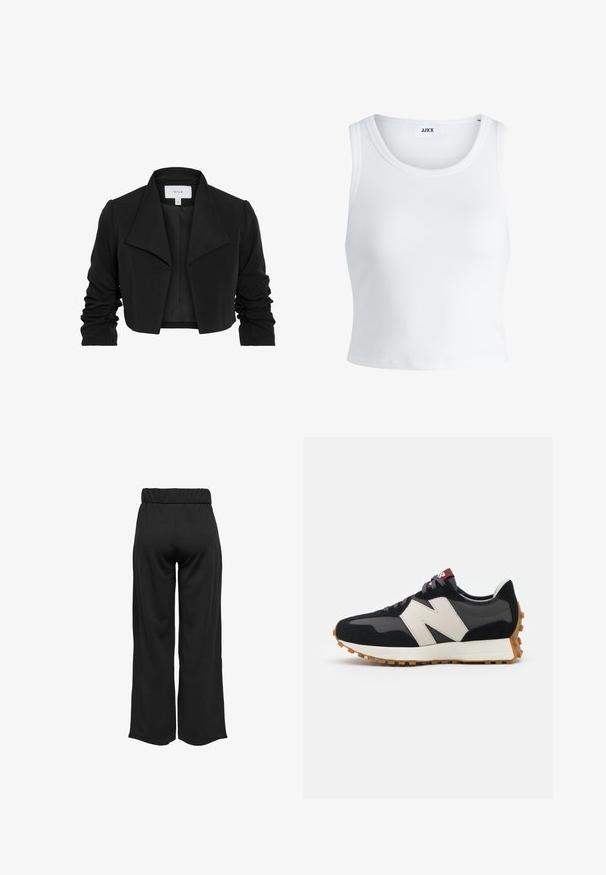 Black cropped jacket made from smooth fabric, featuring a wide collar, ruched long sleeves, and an open front design.; White ribbed tank top featuring a round neckline, sleeveless design, and a cropped length. Label reads "JJXX." Smooth fabric texture.; Black, wide-leg pants with an elastic waistband, made from smooth fabric. Features a clean design with no pockets or visible stitching details.; Black and gray suede sneaker with a large cream-colored "N" logo, purple laces, and a textured gum rubber outsole.