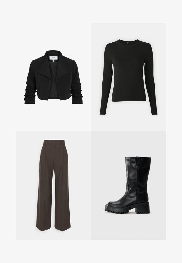 Črni kratek jopič iz gladkega blaga, z širokim ovratnikom, gubastimi dolgimi rokavi in odprtim sprednjim delom.; Črna majica s dolgimi rokavi iz gladke tkanine, okroglega izreza in prilegajoče oblike, brez vidnih vzorcev ali poudarkov.; Temno rjave široke hlače z visokim pasom, ki imajo lepo stisnjene gube, gladko teksturo in krojen fit.; Črne usnjene visoke škornje do kolen z masivnim blokastim petam, teksturirnim podplatom, stranskimi šivi in zanko na hrbtni strani.