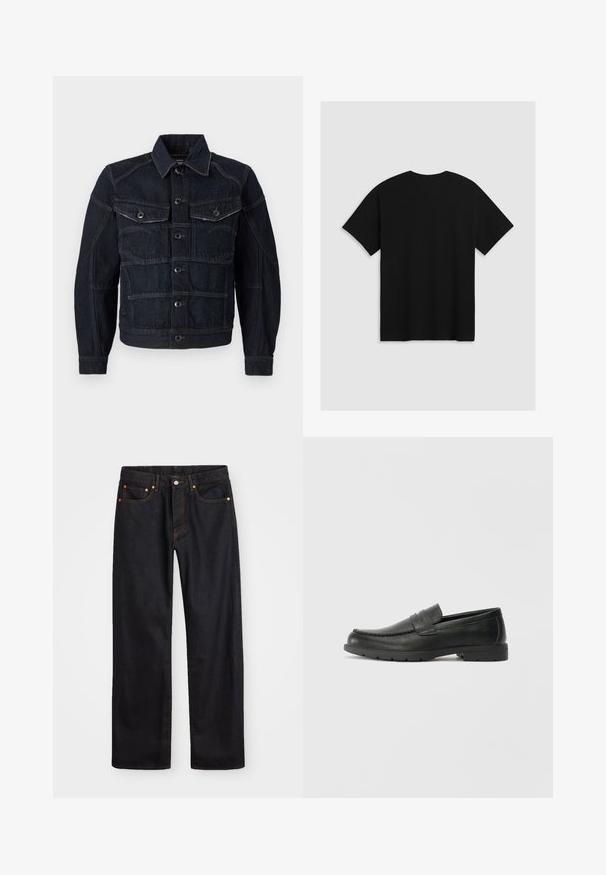 Dark denim jacket featuring a button-up front, two chest pockets, and contrasting stitching. Structured design with a classic collar and long sleeves.; Levi's® BOXTAB - Print T-shirt - boxtab in black bas; Men’s straight-leg black denim jeans with five pockets and orange stitching, button and zip closure on front waistband.; Black leather loafers with a smooth finish, moccasin-style upper, stitched detailing, and a rubber sole. Classic design with a low heel.