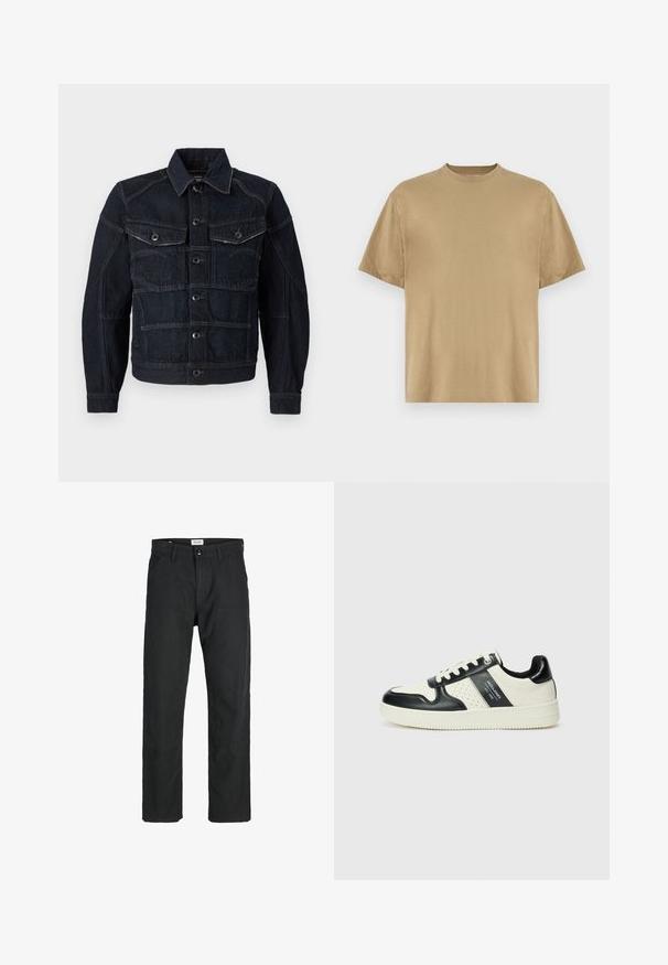 Temno jeans jakna s sprednjim zapenjanjem na gumbe, dvema prsno žepoma in kontrastnim šivom. Strukturirana zasnova s klasičnim ovratnikom in dolgimi rokavi.; Khaki majica s kratkimi rokavi, izdelana iz mehkega materiala, z okroglo ovratnico in sproščenim krojem. Brez vzorcev ali grafik.; Črne hlače iz trpežnega materiala, s krojem naravnih nog, našitki ter dvema sprednjima žepoma za funkcionalnost.; Usnjeni športni čevlji z črno in krem barvno shemo, ki vključujejo perforirane dodatke, podložen ovratnik in strukturirano podplat.