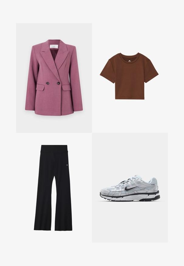Dobbelspent blazer i en lilla farge, laget av teksturert stoff. Har hakkede slag, to frontlommer og svarte knapper.; Brun kortermet cropped T-skjorte laget av myk stoff, med rund halslinning og rene sømmer uten mønstre eller detaljer.; Sorte, flagrende yogabukser i elastisk materiale, med bred linning og en liten logo nær hoften. Glatt tekstur, uten mønstre.; Nike P-6000 sneakers med en lys grå mesh-overdel, sorte detaljer og en slitesterk svart gummisåle. Har et intrikat design og snøresystem.