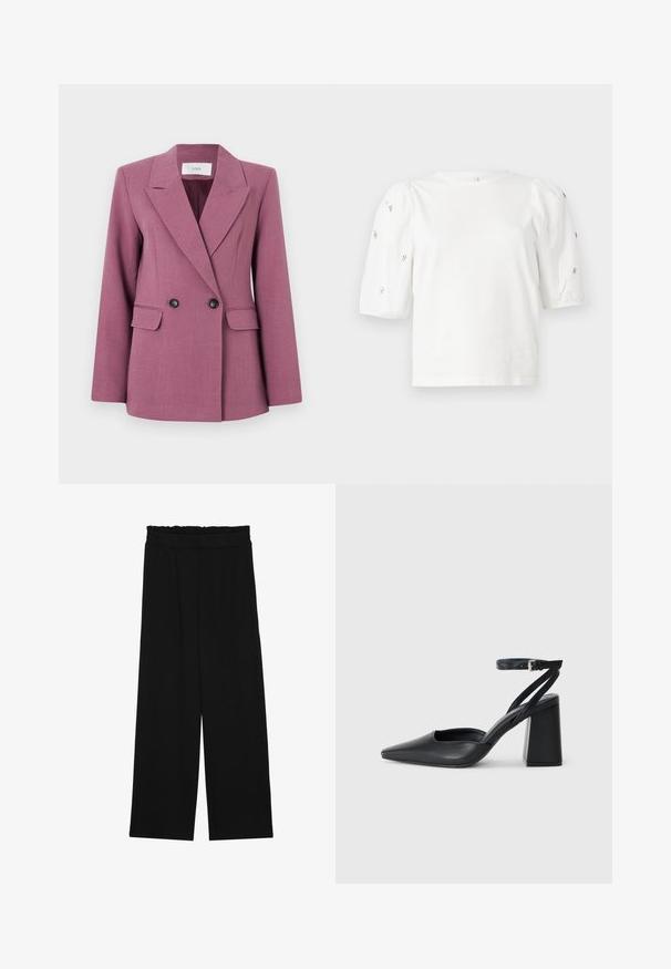 Dubbelt knäppt kavaj i mauvefärg, tillverkad av texturerat tyg. Har slag med hack, två framfickor och svarta knappar.; Vit bomulls t-shirt med korta puffärmar, prydd med små silverdetaljer längs ärmarna. Klassisk rund halsringning, avslappnad passform.; Svarta vida byxor med en volang vid midjan, med två sidofickor och ett slätt, lätt tyg. Inga synliga mönster eller detaljer.; Svart läderpumps med spetsig tå, ankelrem och kraftig klack. Slät textur, stilren design och minimalistisk estetik.
