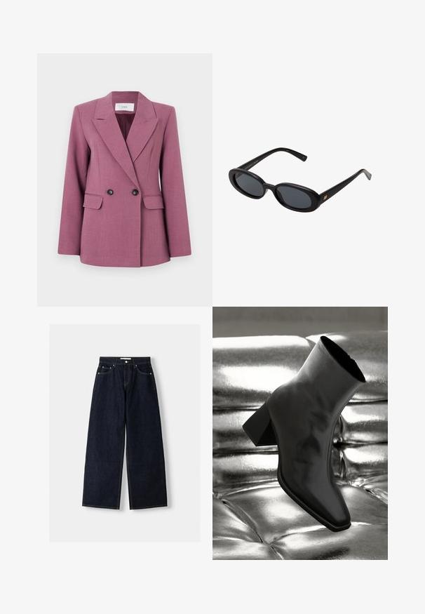 Kaksirivinen bleiseri mauven värisenä, valmistettu teksturoidusta kankaasta. Siinä on loviset kaulukset, kaksi etutaskua ja mustat napit.; Valkoinen lyhythihainen t-paita, joka on valmistettu sileästä kankaasta, ja jossa on pyöreä pääntie sekä hillityt ompelutiedot helmassa.; Tummansiniset farkut, joissa on leveät lahkeet ja korkea vyötärö, viisi taskua, kontrastiväriset saumat ja hopeiset metalliosat. Sileä pinta ja siisti viimeistely.; Musta nilkkuri, joka on valmistettu kiiltävästä materiaalista, jossa on neliömäinen kärki ja kapeahko kanta, asetettuna kiiltävän hopean tuftatun taustan eteen.; Mustat ylisuuruiset aurinkolasit, jotka ovat soikeat linssit, sileä muovikehys ja kultaiset korostukset temppeleissä. Tummat linssit tarjoavat suojaa auringolta.; Burgundin värinen käsilaukku, joka on valmistettu kiiltävästä materiaalista, suorakaiteen muotoinen, kahdella olkahihnalla ja hienovaraisilla kaarevilla aksentteilla edessä.