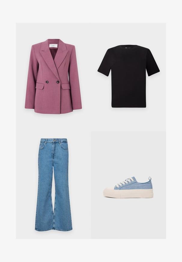 Sacou cu două rânduri de nasturi, de culoare mov pal, realizat dintr-un material texturat. Are rever cu tăietură în V, două buzunare frontale și nasturi negri.; Tricou scurt negru cu mânecă scurtă și guler rotund, realizat dintr-un material de bumbac moale. Design simplu, fără logo-uri sau modele vizibile.; Jeanși evazați de culoare albastru deschis, din denim, cu talie înaltă, cinci buzunare și închidere cu un singur buton. Textură moale cu un finisaj decolorat.; Sneakers din pânză de culoare albastru deschis, cu vârf și talon din cauciuc crem, având șireturi albe și un maner pe călcâi.