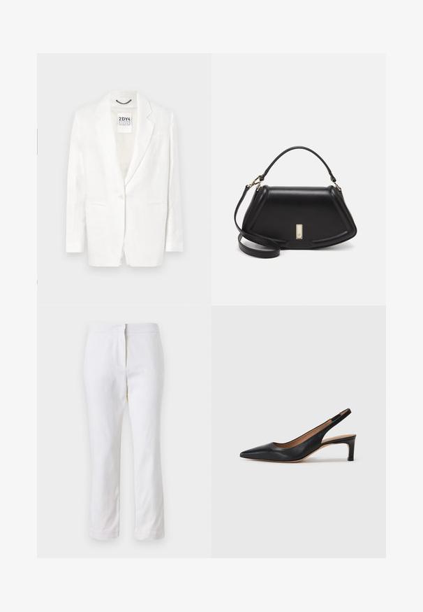 Biały żakiet z lnu z klapami, zapinany na pojedynczy guzik, z dwiema przednimi kieszeniami i delikatną teksturą. Metka widoczna wewnątrz kołnierza.; Biała, krótka koszulka z szerokimi rękawami, wykonana z miękkiej bawełny, okrągły dekolt z delikatnym pomarańczowym wykończeniem, minimalistyczny design, bez wzorów i grafik.; Białe bawełniane spodnie o prostym kroju nogawki, z średnim stanem, bez widocznych elementów metalowych czy wzorów. Gładka tekstura na całej powierzchni.; Czarne skórzane czółenka na potylicy z wydłużonym noskiem, niskim obcasem i gładką fakturą. Posiadają cienki, regulowany pasek zapewniający pewne dopasowanie.; Czarna skórzana torebka o strukturalnym designie, z przyciętą formą, górnym uchwytem i złotymi akcentami. W zestawie regulowany pasek na ramię.