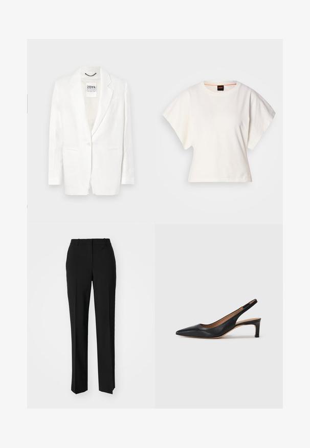 Valkoinen pellavablazeri, jossa on hihat, yksittäinen nappisulku, kaksi etutaskua ja kevyt rakenne. Tunnus näkyvissä kauluksessa.; Valkoinen lyhythihainen t-paita, leveät lyhyet hihat, pehmeää puuvillamateriaalia, pyöreä pääntie jossa hienovarainen oranssi reunus, minimaalinen muotoilu, ei kuvioita tai graafisia elementtejä.; Mustat räätälöidyt housut suoraa lahjetta, joissa on sileä pinta ja terävät taitteet edessä. Ei näkyvää metalliosaa.; Mustat nahkaiset slingback-korkokengät, joissa on terävä kärki, matala korko ja sileä pinta. Varustettu ohuella säädettävällä hihnalla turvallisen istuvuuden takaamiseksi.