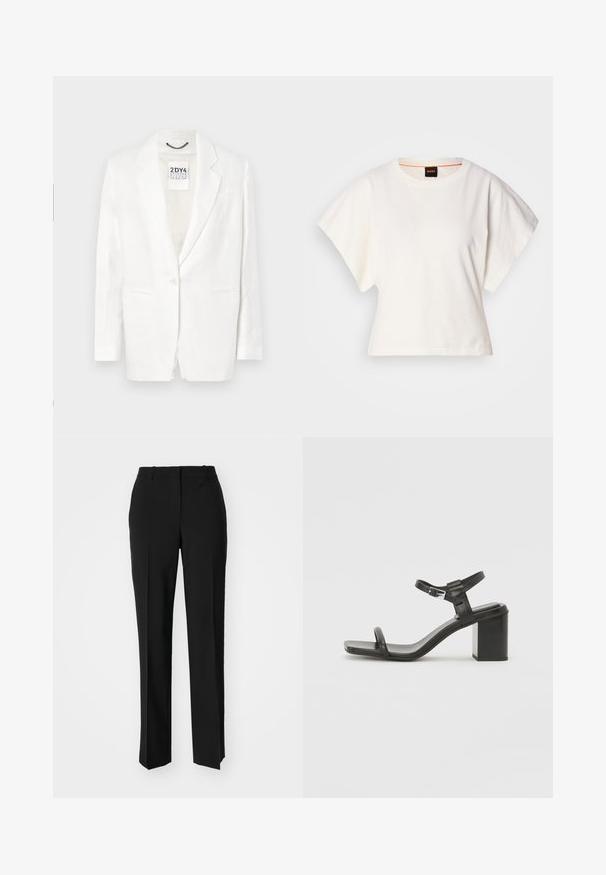 Beli laneni blazer z zavihki, enojnim gumbom, dvema sprednjima žepoma in rahlo teksturo. Oznaka vidna znotraj ovratnika.; Bela skrajšana majica s kratkimi širokimi rokavi, mehka bombažna tkanina, okrogla ovratnica z diskretnim oranžnim robom, minimalističen dizajn, brez vzorcev ali grafike.; Črne krojene hlače s direktnim krojem, ki se ponašajo z gladko teksturo in ostrimi pregibi spredaj. Ni vidne kovine.; Črne usnjene sandale z blok peto, širokim trakom čez prste in nastavljivim trakom okrog gležnja, z elegantnim, minimalističnim dizajnom.