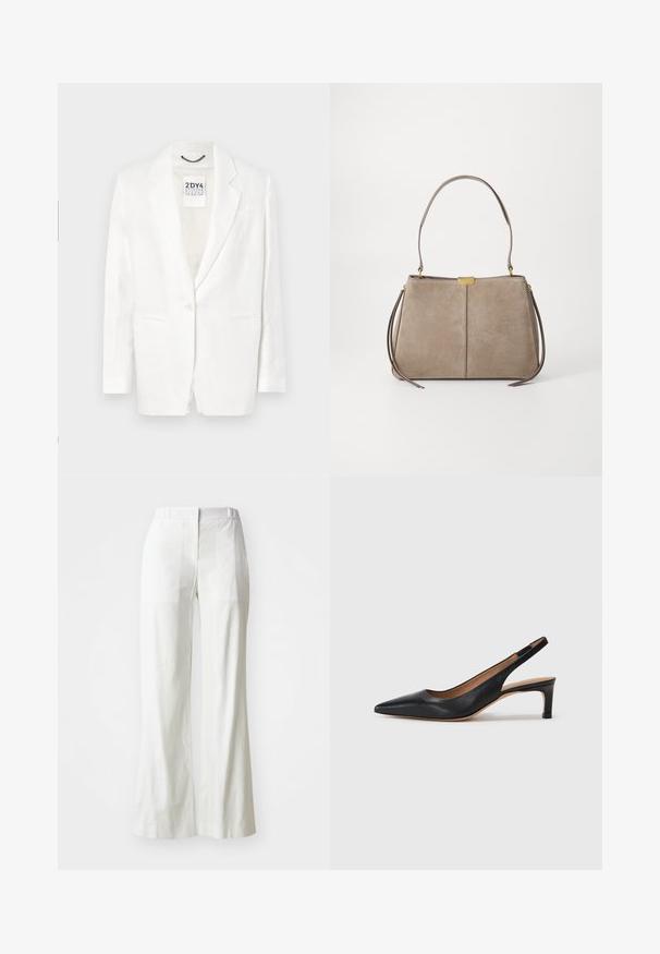 Fehér lenblézer, feltűnő hajtókával, egygombos záródással, két elülső zsebbel és enyhe textúrával. A címke látható a gallér belsejében.; Fehér, rövid ujjú póló, könnyű pamutból készült. Kerek nyakkivágással és felgöngyölt ujjakra rendelkezik. Piros logós címke a galléron.; Fehér, magas derekú, bő szárú nadrág könnyű anyagból. Simább elülső rész, hátsó zsebek és letisztult, egyszerű dizájn jellemzi.; Fekete bőr slingback pumpa hegyes orral, alacsony sarokkal és sima textúrával. Vékony, állítható pánttal rendelkezik a biztos illeszkedés érdekében.; Tommy Hilfiger CASUAL SHOULDER BAG - Kézitáska - coastal taupe