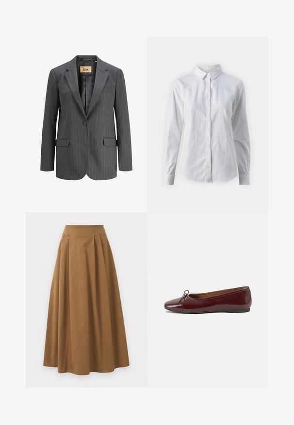 Blazer cinza com riscas, com lapelas recortadas, dois bolsos frontais e fecho de botão único. O material tem uma textura suave e um corte ajustado.; Camisa branca de botão feita de algodão suave, com colarinho clássico, mangas longas e bainha curva. Os botões são pequenos e brancos.; Saia A-line de algodão castanho com cintura alta, apresentando pregas na parte da frente e uma textura suave. As bordas da bainha são limpas e simples.; Bailarinas em couro sintético borgonha com bico redondo, pequeno laço na frente e sola baixa em borracha preta. Textura suave.