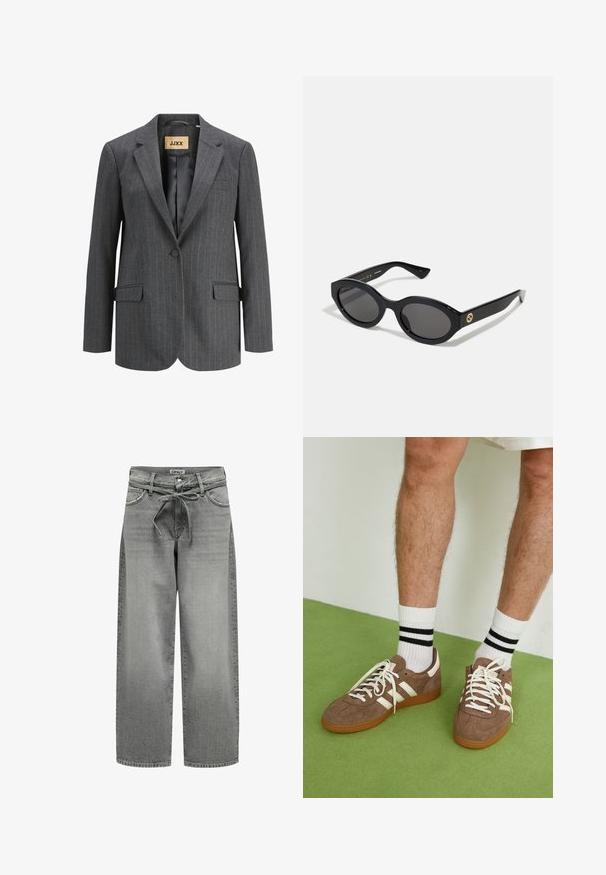 Šedý pruhovaný blejzr s klopami, dvěma předními kapsami a jedním knoflíkovým zapínáním. Materiál má hladkou texturu a střih je přizpůsobený postavě.; Hladká bílá dlouhá košile s dlouhým rukávem, kulatým výstřihem, zobrazená zezadu, ležící na bílém pozadí.; Šedé džíny s volným střihem a šňůrkovým páskem, které mají přední kapsy. Látka má mírnou strukturu a vybledlý vzhled.; Hnědé semišové tenisky s bílými akcenty a tkaničkami. Gumová podrážka. Nošeny s bílými ponožkami s černými pruhy. Zelená strukturovaná podlaha.; Černé oválné sluneční brýle s tmavými skly a lesklým plastovým rámem. Obsahují zlaté logo na straně, které poskytuje elegantní a moderní design.