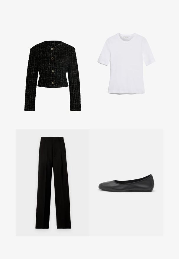 Μαύρο cropped μπουφάν με υφασμάτινη υφή, διαθέτει χρυσά κουμπιά, δύο μπροστινές τσέπες και μακριά μανίκια.; Άσπρο κοντομάνικο μπλουζάκι φτιαγμένο από ριγέ ύφασμα. Στρογγυλή λαιμόκοψη, κανονική εφαρμογή και διακριτές λεπτομέρειες ραφής. Χωρίς σχέδια ή γραφικά.; Μαύρο παντελόνι σε ίσια γραμμή φτιαγμένο από λείο ύφασμα, διαθέτοντας ψηλή μέση, πτυχώσεις μπροστά και καθαρή, ραμμένη σχεδία χωρίς διακοσμητικά.; Μαύρο δερμάτινο μπαλαρίνι με στρογγυλή μύτη, λεία υφή, ελάχιστες λεπτομέρειες ραφής και σχεδίαση ευέλικτης σόλας.