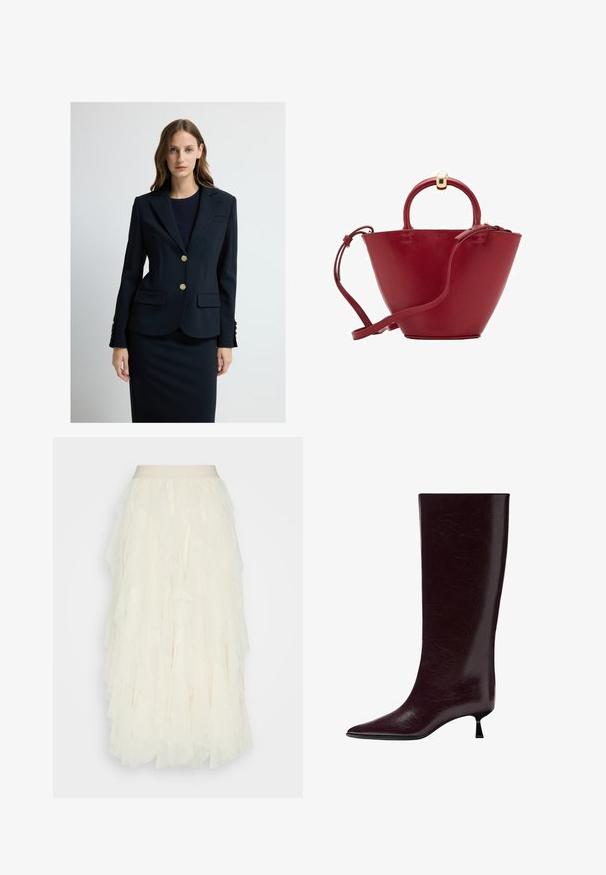 Mörkblå kavaj med guldknappar, som har en skräddarsydd passform, två framfickor och strukturerade slag. Matchas med en figursydd mörkblå kjol.; Krämfärgad tröja med en scalloped krage och silverpärlprydnader. Tillverkad av ett strukturerat, mjukt tyg. Har lång ärm och en avslappnad passform.; Krämfärgad tylskjol med lager av volanger. Har en slät midja och en texturerad, genomskinlig yta. Närmar sig längden till vadben.; Knähöga bourgogne läderstövel med en slät, texturerad yta, spetsig tå och en tunn, staplad klack för extra höjd.; Röd läderhandväska med rundad topp, strukturerad konform, kort handtag och avtagbar axelrem. Har guldiga hårdvaruaccenter.