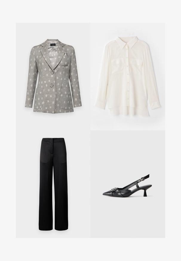 Pilkas švarkas su šviesiu taškiniais raštais, dviem priekinėmis kišenėmis, trimis mygtukais, notch tipo atlapais ir viena krūtine kišenė. Lygus paviršius.; Balta marškinėlių su mygtukais, pagaminti iš lengvos medžiagos. Turi klasikinį apykaklę, dvi krūtinės kišenes ir šiek tiek ilgesnį nugaros kraštą.; Plati juodų kelnių, turinčių tekstūruotą paviršių, su lygiu juosmeniu ir dviem šoninėmis kišenėmis. Audinys atrodo lengvas ir plazdantis.; Juodas odinis slingback tipo batai su smailiu priekiniu atvartu, dekoratyvinėmis sagtimis su metaliniais akyčiais ir žemu blokiniu kulnu. Saldus paviršius.