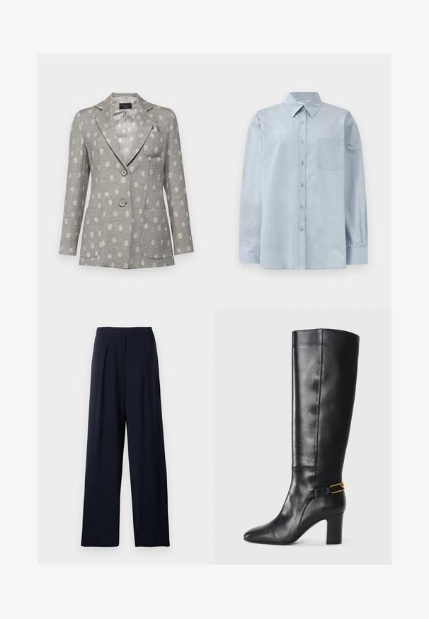 Pilkas švarkas su šviesiu taškiniais raštais, dviem priekinėmis kišenėmis, trimis mygtukais, notch tipo atlapais ir viena krūtine kišenė. Lygus paviršius.; Šviesiai mėlynas ilgomis rankovėmis marškiniai su smailiu apykakle ir krūtinės kišene, ištiesti ant baltos fono.; Jūrų laivyno plačios kelnės su raukšlėmis, pagamintos iš minkštos medžiagos. Savybės: lygus juosmenėlis ir paprastas dizainas, tinkantis įvairioms progoms.; Juodos odinės aukštakulnės botai iki kelių su smailiu pirštu ir storu kulnu. Pati žemė apjuosta auksinės spalvos akcentu apie kulkšnį. Lygi tekstūra.