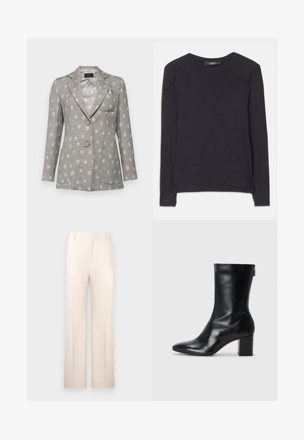 Siv blazer s svetlim pikastim motivom, dva sprednja žepa, tri gumbe, zarezan ovratnik in en žep na prsih. Gladka tekstura.; Črna majica z dolgimi rokavi in okroglim izrezom, izdelana iz mehkega blaga. Ima preprost dizajn in subtilne šive ob robu.; Bež hlače na mere s ravnimi nogavicami, izdelane iz lahkega materiala. Imajo sprednje gube in klasičen pas.; Črne usnjene gležnjarje s koničastim nosom in 4 cm širokim peto. Elegantna zasnova vsebuje stranski zadrgo za enostavno obuvanje. Gladka tekstura.
