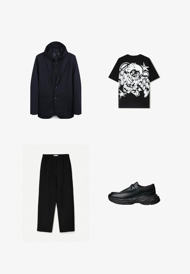 Blazer blu navy con cappuccio, dotato di chiusura a due bottoni, rever, due tasche frontali e coulisse al cappuccio. Tessuto con una texture liscia.; T-shirt in cotone nera con un grande design di un angelo in stile graffiti bianco sulla schiena, con ali dettagliate e accenti di stelle.; Pantaloni neri a gamba larga realizzati in un tessuto leggero. Presentano una vita elasticizzata e una texture liscia. Senza motivi visibili o accessori.; Scarpe slip-on in pelle nera con punta arrotondata e suola in gomma spessa e testurizzata. Presentano cuciture sottili e dettagli in elastico sul colletto.