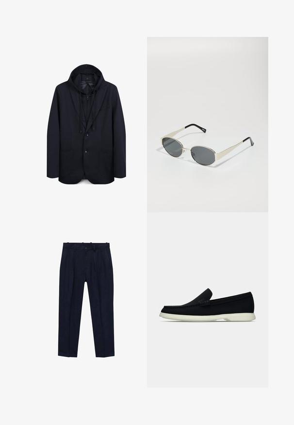 Marineblaues Blazer mit Kapuze, ausgestattet mit einem Zweiknopfverschluss, Revers, zwei Fronttaschen und einem Kordelzug an der Kapuze. Glatte Stoffstruktur.; Schwarzes kurzärmliges Polohemd aus glattem Stoff mit einem klassischen Kragen und einer Knopfleiste mit drei Knöpfen; hat einen geraden Saum am unteren Ende.; Marineblaue Hose aus glatt gewebtem Stoff, mit einem leicht taillierten Schnitt, Vorderfalten, Gürtelschlaufen und einem Einzelknopfverschluss.; Schwarzer Slipper mit runder Zehenpartie, präsentiert sich mit einem strukturierten Obermaterial, glatter weißer Sohle und einem dezenten Branding-Detail an der Seite.; Sonnenbrille mit ovalen grauen Gläsern, silbernem Metallrahmen und schwarzen Akzenten an den Bügeln. Sie verfügt über ein elegantes Design und minimalen Metallaufwand.