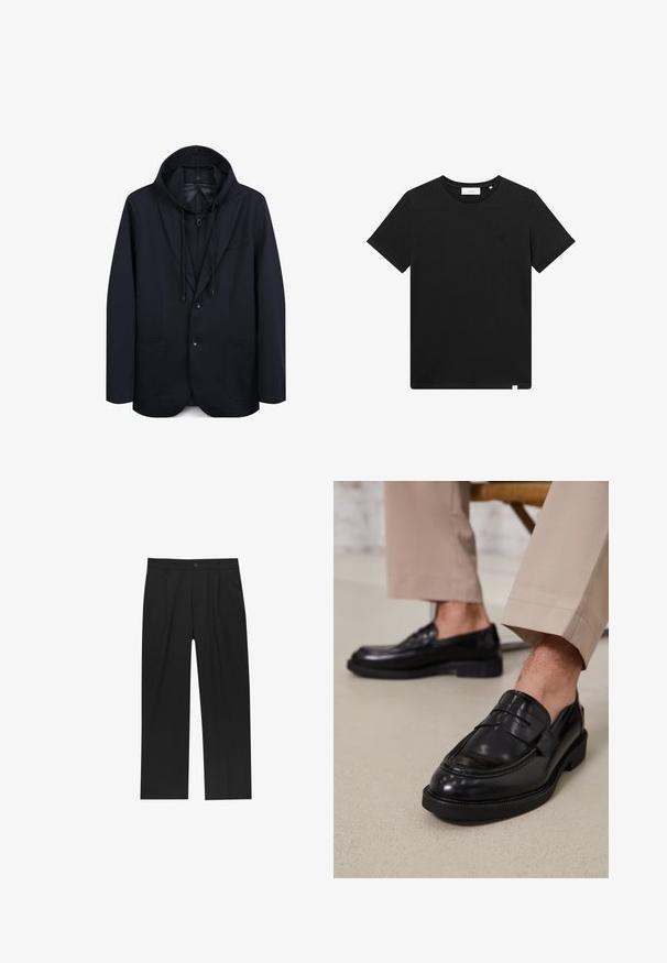 Navy blue blazer with a hood, featuring a two-button closure, lapel, two front pockets, and a drawstring at the hood. Smooth fabric texture.; Black short-sleeve T-shirt made of cotton, featuring a crew neck and a small logo embroidered on the chest. Smooth texture, standard fit.; Black pants with a straight-leg design, made from a smooth fabric. Features front pleats and a single button closure at the waist.; Black leather loafers with a smooth finish, featuring a decorative strap and contrast stitching, paired with beige trousers.