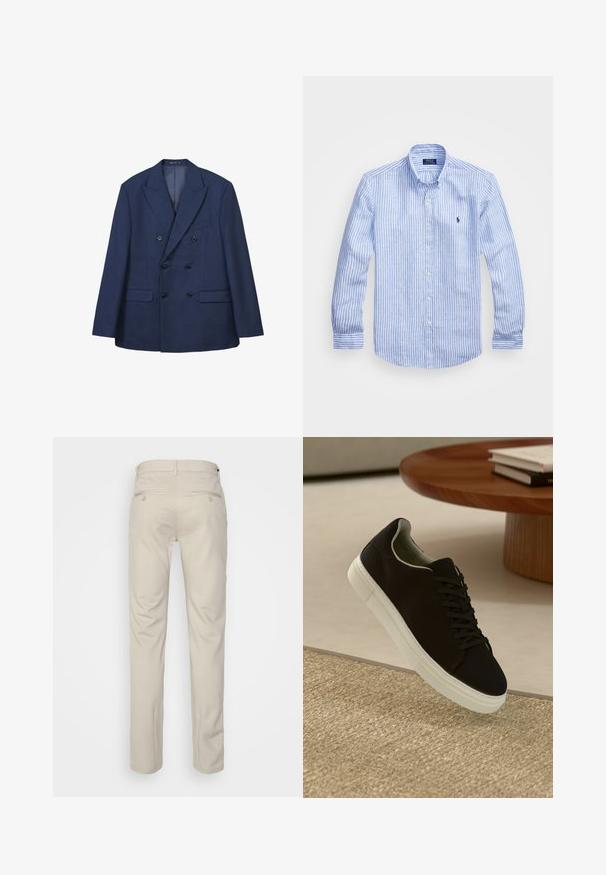 Blazer doppiopetto blu navy realizzato in tessuto liscio, con rever a punta, due tasche frontali e sei bottoni neri per la chiusura.; Camicia a maniche lunghe a righe bianche e blu in cotone, con colletto button-down, bottoni frontali e un piccolo logo ricamato sul petto.; Pantaloni beige con una texture liscia, taglio dritto, due tasche posteriori con bottoni e vita standard.; Sneaker nero con suola bianca che flotta sopra un tappeto beige testurizzato vicino a un tavolo rotondo in legno con libri impilati.