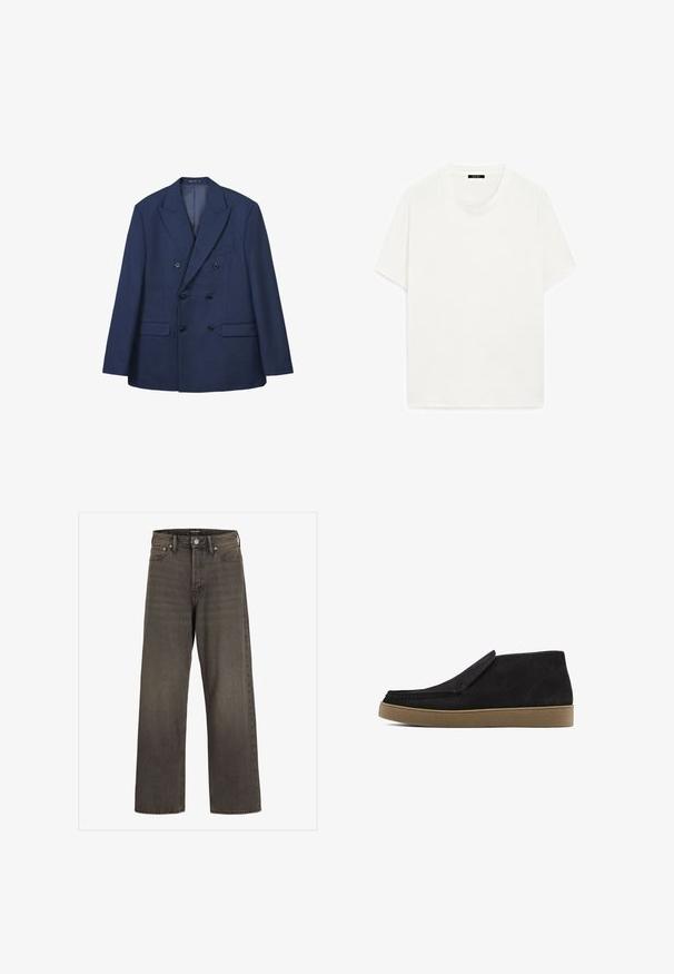 Double-breasted navy blazer made of smooth fabric, featuring peaked lapels, two front pockets, and six black buttons for closure.; White short-sleeve t-shirt, crew neckline, soft texture, straight cut, minimal design, no visible patterns or accents.; Wide-leg jeans in dark grey denim, featuring a high waist, classic five-pocket design, and contrasting stitching along the seams.; Black suede shoe with a slip-on design, rounded toe, and a tan rubber outsole. Features subtle stitching and a textured upper surface.