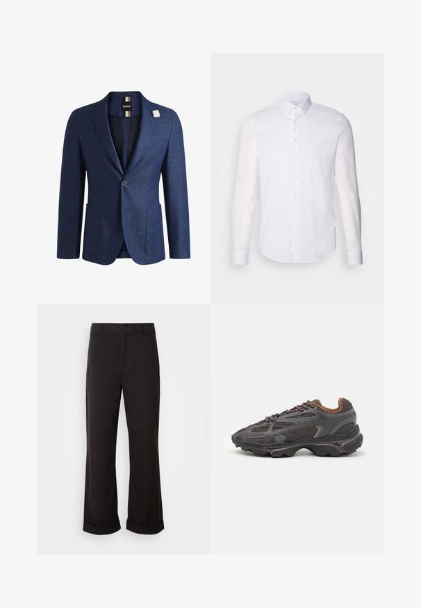 Tumesinine bleiser, mis on valmistatud tekstureeritud kangast, ühe nupuga kinnitamine, kaks esist pocketit ja valge lille nööpnõel.; Valge pikkade varrukatega nööpidega särk, mis on valmistatud puuvillast, klassikalise krae, eest nööpide ja minimaalsete õmblusdetailidega.; Mustad sirgedega mustad püksid, valmistatud kergest kangast. Omavad klassikalist nuppude sulgemist ja rullitud ääri.; Tumed hallid Lacoste tossud, mis on valmistatud võrkkangast ja sünteetilisest materjalist, omavad tekstureeritud talla ning pruune aktsente kaeluse ja brändingu juures.