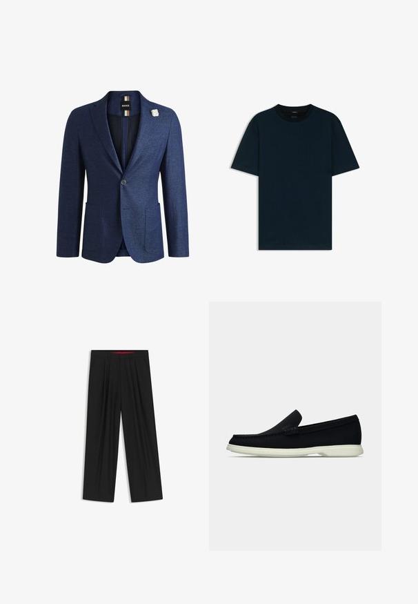 Marinblå blazer i texturerad tyg med enkel knappstängning, två framsidorfickor och en vit blompin.; Mörknavyblå kortärmad T-shirt med texturerad tyg, rund halsringning och rak passform utan synliga grafiska tryck eller detaljer.; Svarta vida byxor med slät front, två sidofickor, veckad design och en kontrasterande röd midjeresår.; Svart slip-on sko med rund tå, med en texturerad ovandel, slät vit sula och diskret logotypdetalj på sidan.