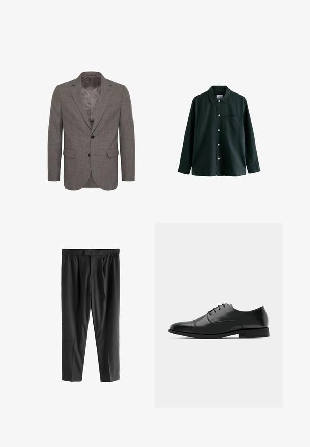 Halli bleiser tekstureeritud kangast, millel on noth-lõige, kahe nupuga sulgemine ja kaks esist pocketsit. Vooder nähtav.; Tume roheline nööbitav särk, millel on krae, pikad varrukad ja üks rindade tasku; sisaldab valgeid nööpe ja pehmet tekstuuri.; Next REGULAR FIT -CHECK SMART - Chino-püksid - black; Must must esine tugeva varbaga, luku kinnitusega, peente õmblustete detailidega ja madala kontsaga. Sile tekstuur ja poleeritud viimistlus.