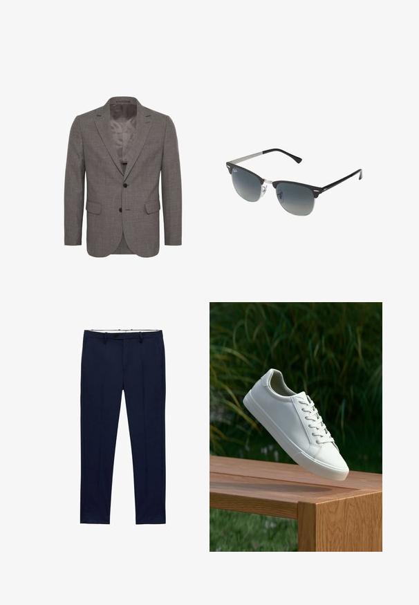 Blazer grigio realizzato in tessuto testurizzato, con rever a punta, chiusura a due bottoni e due tasche frontali. Interno foderato visibile.; T-shirt bianchi a maniche corte impilati, realizzati in cotone. Presentano un collo rotondo e un taglio dritto. Il tessuto appare liscio senza pattern.; Pantaloni blu navy con vestibilità slim e motivo a righe sottili. Presentano una chiusura con zip, passanti per cintura e tasche frontali. Tessuto dalla texture liscia.; Sneaker bianco con lacci sospeso sopra una panchina di legno, con fogliame verde sullo sfondo, che mette in mostra il design e la texture della scarpa.; Occhiali da sole neri e argento con forma a occhio di gatto, lenti sfumate e dettagli metallici sulla montatura. Aste in plastica con punte grigie.